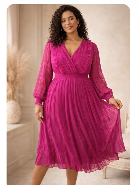 Eloquii Dresses & Skirts - Eloquii Fuchsia Pleated Midi Dress Romantic Long Sleeve Flowy Luxe Plus NEW 22W